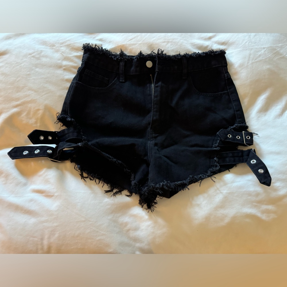 Black High Waisted fringe shorts with buckle sides